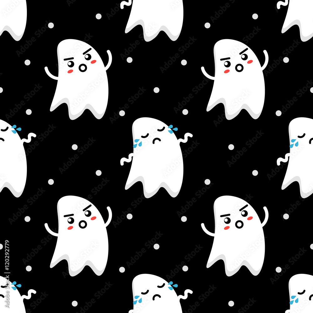 Cute funny couple of sad and angry ghosts halloween seamless pattern background.