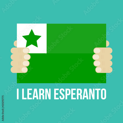 I learn esperanto vector flat design illustration with man's hands holding green flag. photo