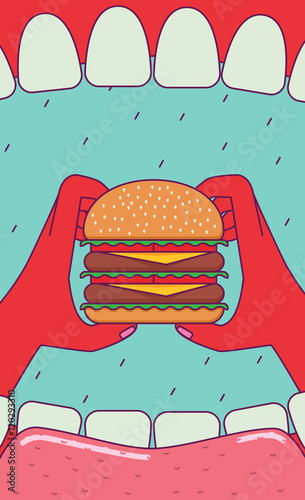 Eating big burger. Open mouth and hands holding burger. Subjective view perspective. Wide angle.