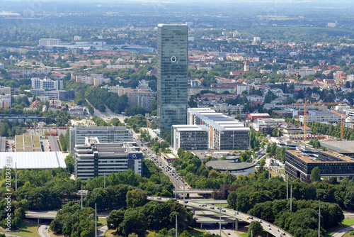 Aerial view of Munich, Germany from the 291 m high Olympic tower (Olympiaturm).