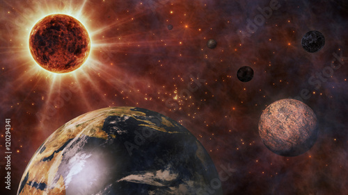 Fototapeta Naklejka Na Ścianę i Meble -  Planet Earth, The Sun, The Moon and Planets In Space