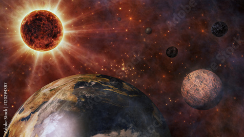 Fototapeta Naklejka Na Ścianę i Meble -  Planet Earth, The Sun, The Moon and Planets In Space