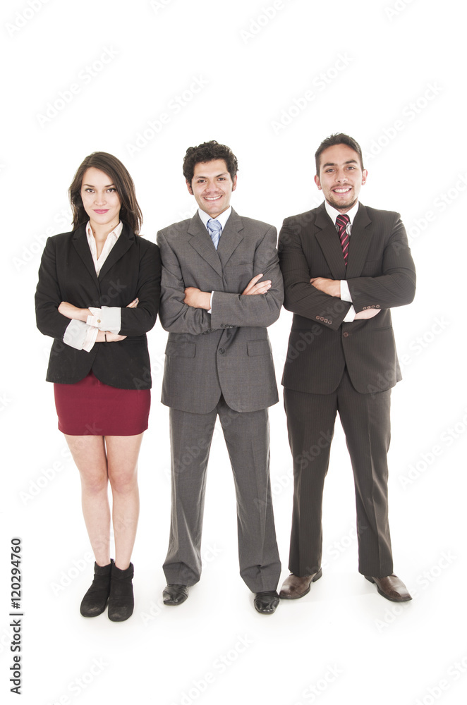 two businessmen and a businesswoman in suits posing two businessmen and a businesswoman in suits posing
