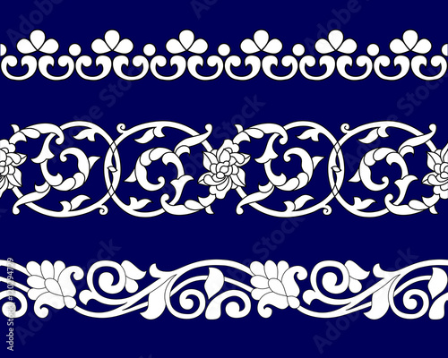 Set of ribbon seamless floral patterns in ethnic national style of Uzbekistan, Asia. Vector illustration.