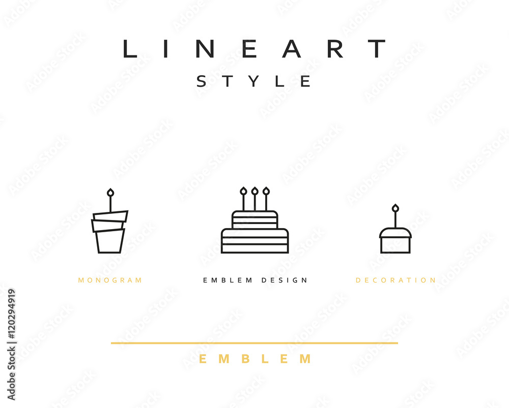 Cake vector icon style line art. Birthday cake. Cooking pastries. Monogram emblem element design style lineart.