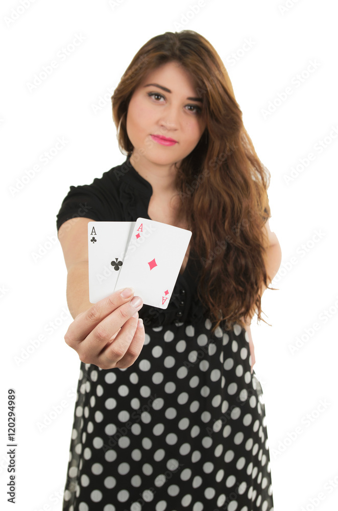 Beautiful young girl holding cards in her hand Beautiful young girl holding cards in her hand