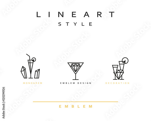 Cocktail wineglass vector icon style line art. Monogram emblem element design style lineart.