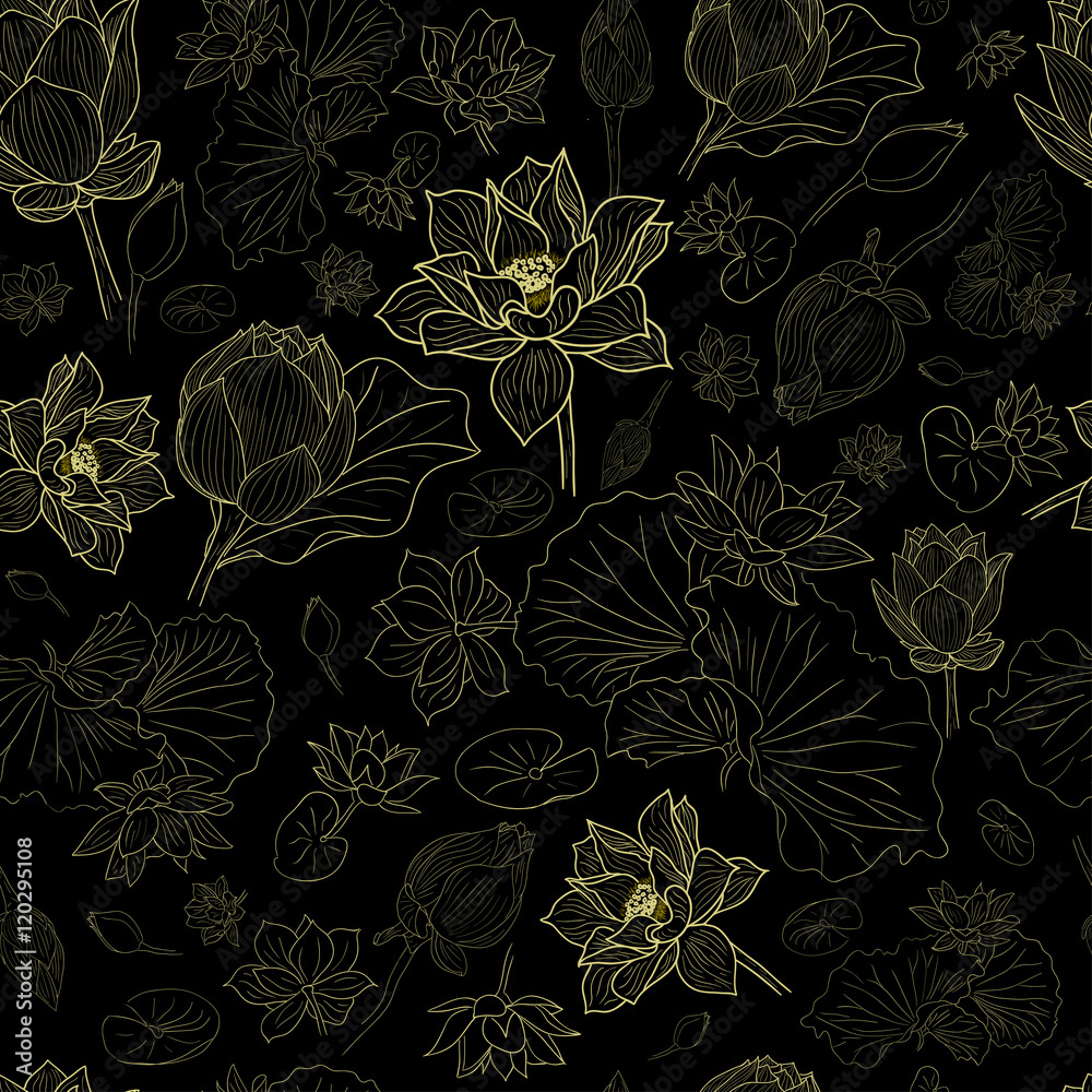 Golden line lotus flowers pattern background on black