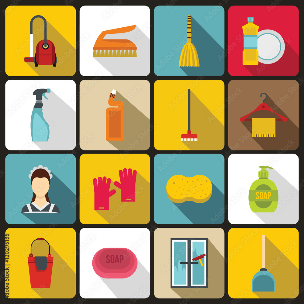 House cleaning icons set in flat style. Maid service set collection vector illustration