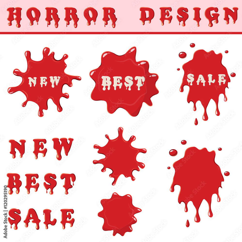 Blood splash with words new, best, sale isolated on white background. Red blood spots set collection vector illustration Blood splash with words new, best, sale isolated on white background. Red blood spots set collection vector illustration