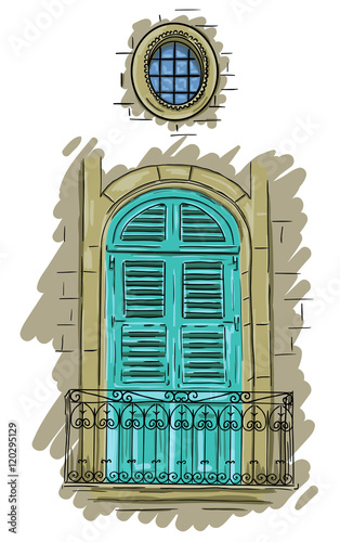 Hand drawn aquamarine balcony with lattice. Vintage shutters