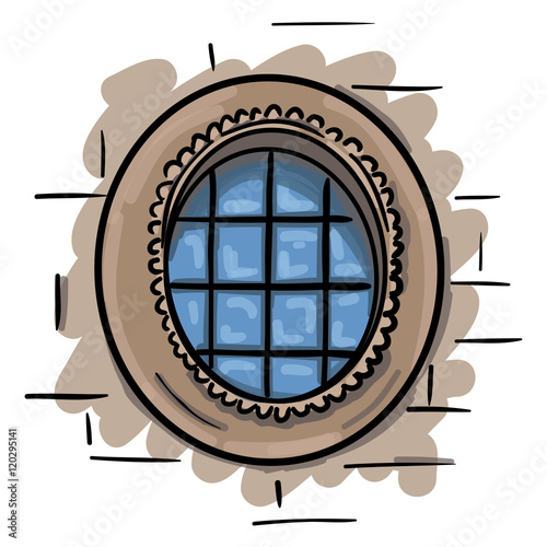 Hand drawn little round window with lattice. Vintage artistic stone window
