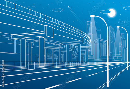 Automotive isolation, architectural and infrastructure composition, transport overpass, highway, white lines urban scene, night city on background, vector design art