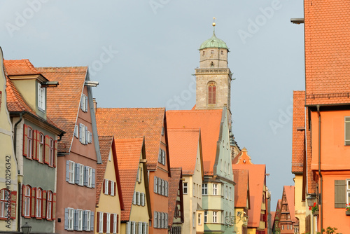 Traditional architecture in the old town of Dinkelsbuhl at sunset. It is one of the best-preserved medieval towns in Europe, part of the famous Romantic Road.