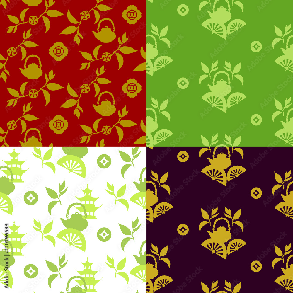 Set of green tea leaves seamless patterns.