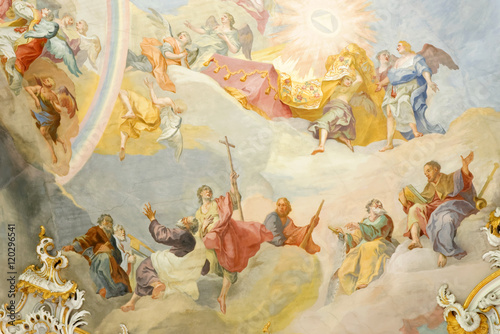 Fresco in Pilgrimage Church Wieskirche, a rococo church,designed in 1740s by Dominikus Zimmermann. A UNESCO World Heritage List in 1983.