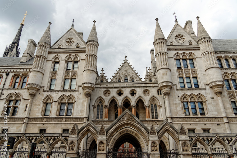 Historical building and entrance of Royal Courts of Justice in London England