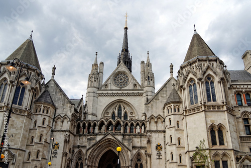 Historical building and entrance of Royal Courts of Justice in London England