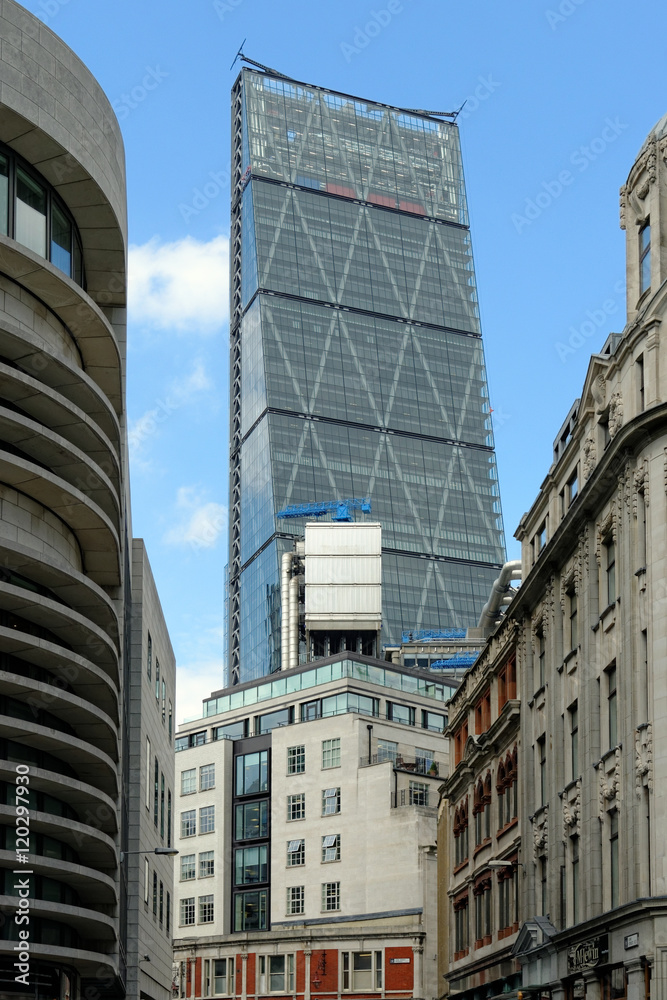 The famous office building - The Cheesegrater (Leadenhall Building) in the City of London, one of the leading centers of global finance.