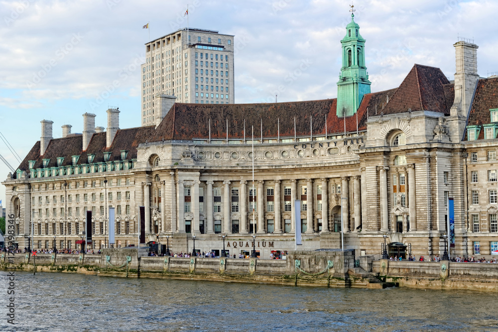 View of London County Hall and Aquarium. The Aquarium is located on ground floor of County Hall on South Bank of River Thames and hosts about one million visitors per year.