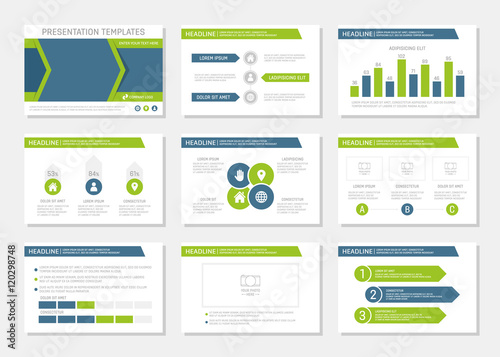 Set of green and blue template for multipurpose presentation slides. Leaflet, annual report, book cover design.