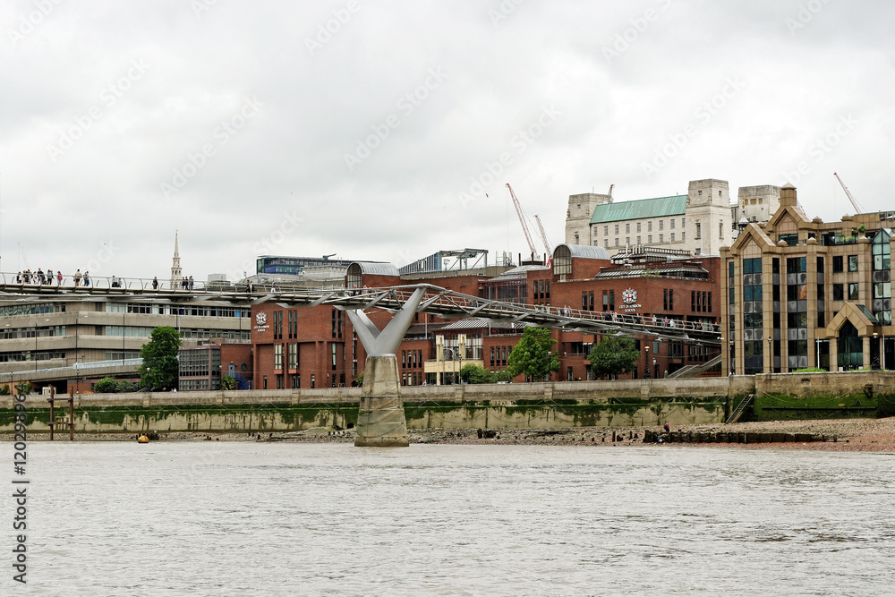Panoramic view over the river Thames near Millennium bridge in London, England, a steel suspension bridge for pedestrians.