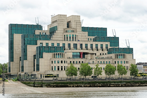 The Secret Intelligence Service building, known as MI6, featured in a James Bond film and located on the bank of the River Thames beside Vauxhall Bridge. photo