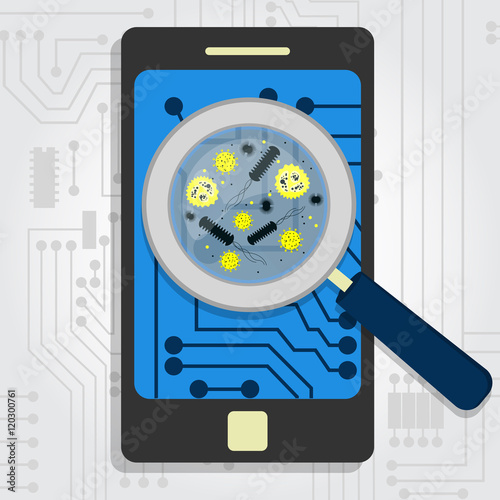 Virus detected on cellphone. Magnifying glass enlarged microorganisms.