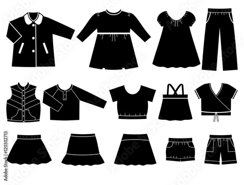Icon set children's clothes for girls. Collection of clothing on white background. Vector illustration.