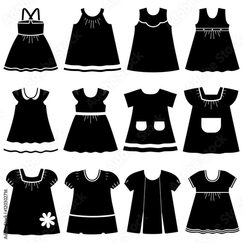 Icon set children's summer dresses. Collection cute clothes for girls on white background. Vector illustration.