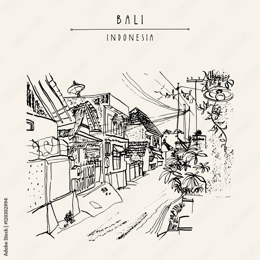 A street in Denpasar, capital of Bali province, Indonesia, Asia. Hand drawing. Travel sketch. Book illustration, postcard or poster