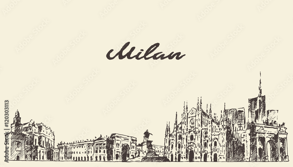 Naklejka premium Panoramę Mediolanu, Włochy, świt wektor, szkic