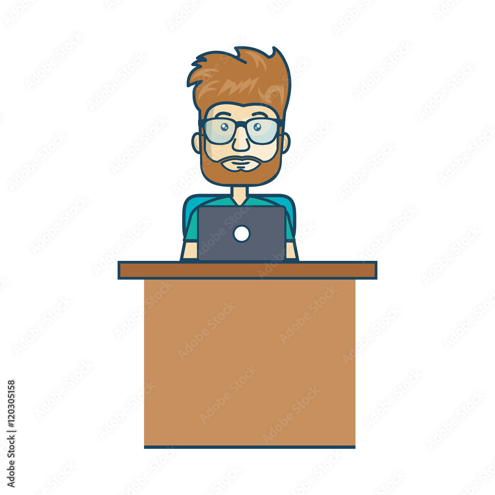 avatar man cartoon working with laptop. office desk. vector illustration avatar man cartoon working with laptop. office desk. vector illustration