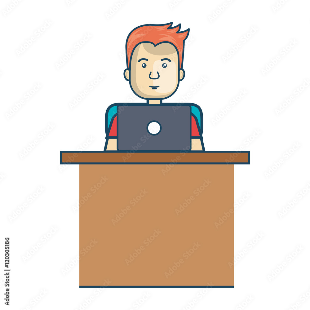 avatar man cartoon working with laptop. office desk. vector illustration avatar man cartoon working with laptop. office desk. vector illustration