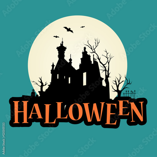 Halloween logo text with haunted mansion. Editable vector design.