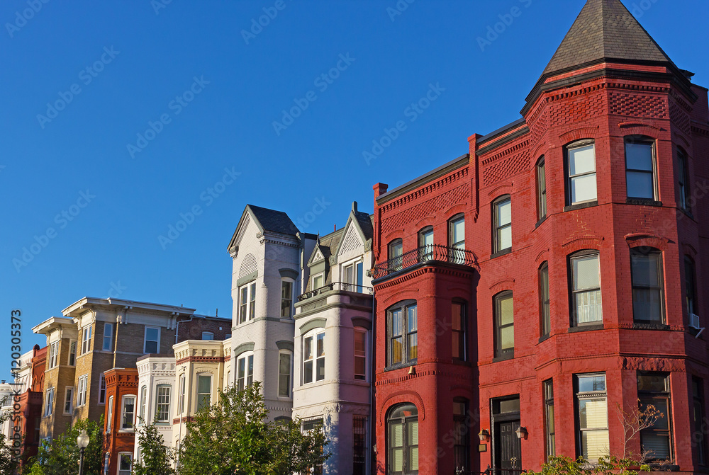 Historic townhouses in Washington DC, USA. Row houses under evening sun in summer in US capital.
