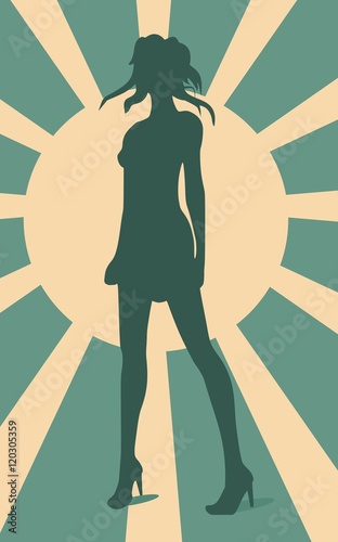 Sexy woman silhouette in short dress. Sun rays backdrop