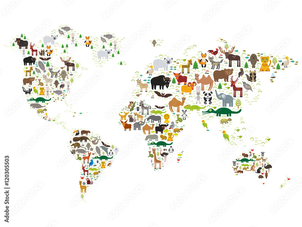 Cartoon animal world map for children and kids, Animals from all over the world on white