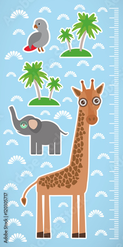Giraffe parrot bird and palms on blue background Children height meter wall sticker. Vector