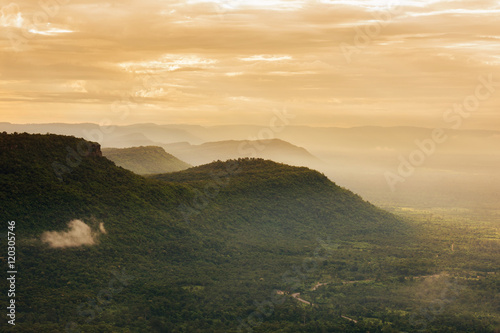 Majestic sunrise in the mountains landscape, fog and cloud mount