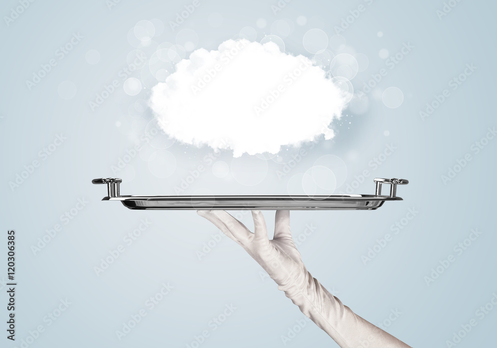 Hand holding clear big cloud on tray Hand holding clear big cloud on tray