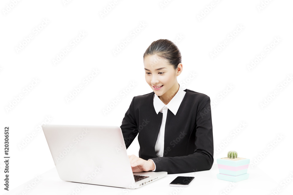 Business woman used laptop isolated on white , with clipping path Business woman used laptop isolated on white , with clipping path