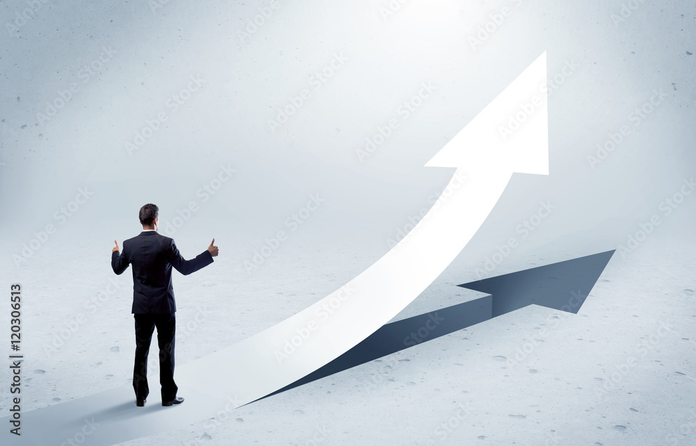 Arrow pointing up with standing salesman Arrow pointing up with standing salesman