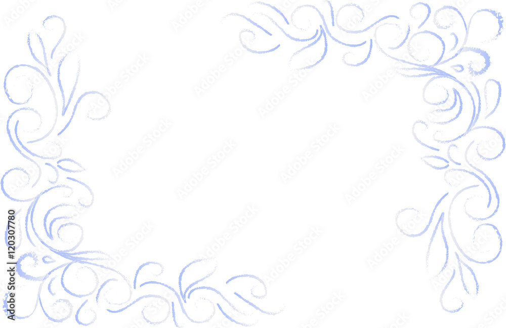 blue abstract floral corners on a white background, in the style of frost lace on winter window. Hand drawn vector stock illustration