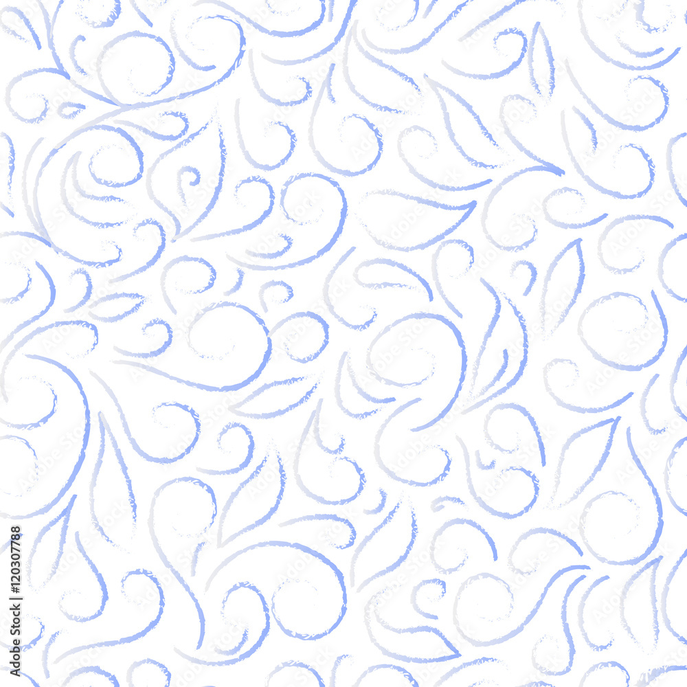 blue abstract floral pattern on a white background, in the style of frost patterns on winter window. Hand drawn vector stock illustration