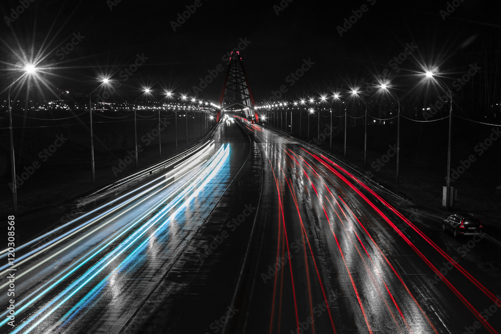 On Bridge night/Cars driving night on Bugrinsky Bridge, Novosibirsk, Russia