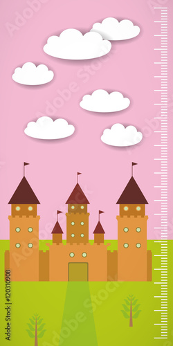 Big old fairytale castle pink sky green grass and white clouds Children height meter wall sticker, kids measure. Vector