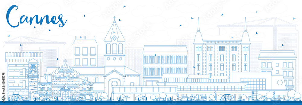 Outline Cannes Skyline with Blue Buildings.