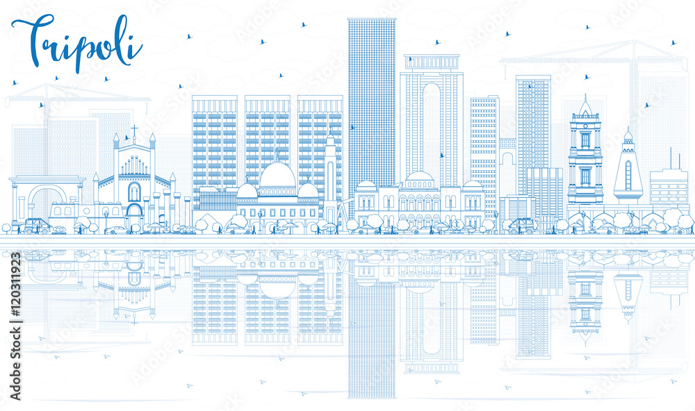 Outline Tripoli Skyline with Blue Buildings and Reflections.