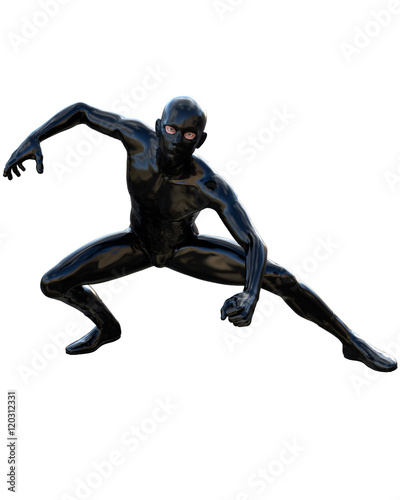 one young man in a super suit made of latex. Full black color. He is half sitting and prepares to jump. In the pose of the spider